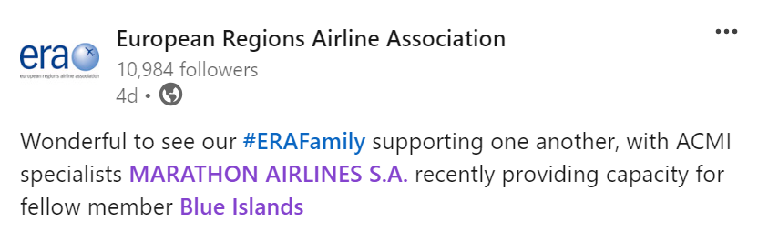 Marathon Airlines Recognized by European Regions Airline Association (ERA) for Successful ACMI Operations